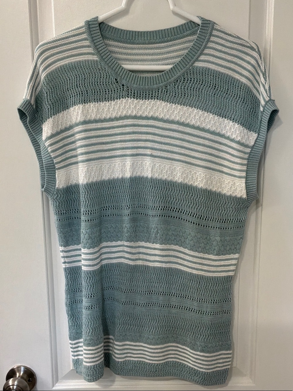 Mint green & White Striped Crochet Knit Crewneck Sweater